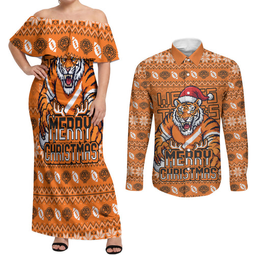 Personalized Wests Tigers Christmas Couples Matching Off Shoulder Maxi Dress and Long Sleeve Button Shirt Australian Rugby Fans - Pixelated Ugly Xmas Pattern Mascot Santa