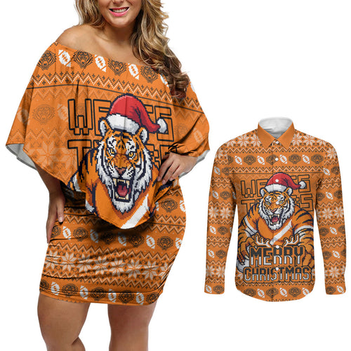 Personalized Wests Tigers Christmas Couples Matching Off Shoulder Short Dress and Long Sleeve Button Shirt Australian Rugby Fans - Pixelated Ugly Xmas Pattern Mascot Santa