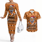 Personalized Wests Tigers Christmas Couples Matching Off The Shoulder Long Sleeve Dress and Hawaiian Shirt Australian Rugby Fans - Pixelated Ugly Xmas Pattern Mascot Santa