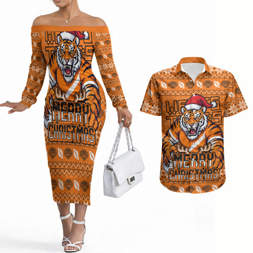 Personalized Wests Tigers Christmas Couples Matching Off The Shoulder Long Sleeve Dress and Hawaiian Shirt Australian Rugby Fans - Pixelated Ugly Xmas Pattern Mascot Santa
