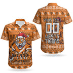 Personalized Wests Tigers Christmas Couples Matching Off The Shoulder Long Sleeve Dress and Hawaiian Shirt Australian Rugby Fans - Pixelated Ugly Xmas Pattern Mascot Santa