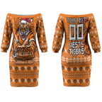 Personalized Wests Tigers Christmas Couples Matching Off The Shoulder Long Sleeve Dress and Hawaiian Shirt Australian Rugby Fans - Pixelated Ugly Xmas Pattern Mascot Santa