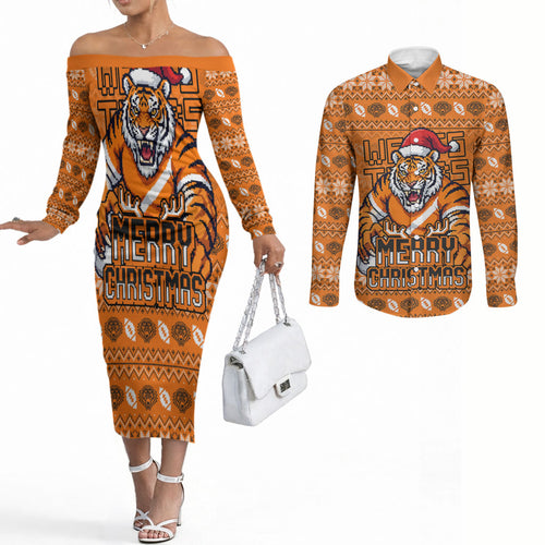 Personalized Wests Tigers Christmas Couples Matching Off The Shoulder Long Sleeve Dress and Long Sleeve Button Shirt Australian Rugby Fans - Pixelated Ugly Xmas Pattern Mascot Santa