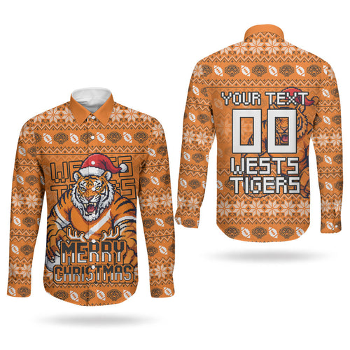 Personalized Wests Tigers Christmas Couples Matching Off The Shoulder Long Sleeve Dress and Long Sleeve Button Shirt Australian Rugby Fans - Pixelated Ugly Xmas Pattern Mascot Santa