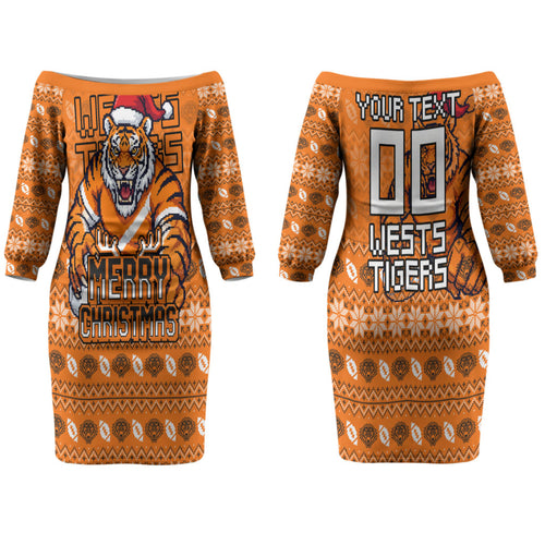 Personalized Wests Tigers Christmas Couples Matching Off The Shoulder Long Sleeve Dress and Long Sleeve Button Shirt Australian Rugby Fans - Pixelated Ugly Xmas Pattern Mascot Santa