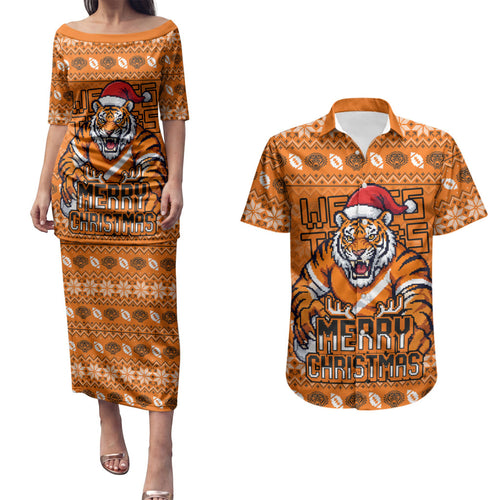 Personalized Wests Tigers Christmas Couples Matching Puletasi and Hawaiian Shirt Australian Rugby Fans - Pixelated Ugly Xmas Pattern Mascot Santa