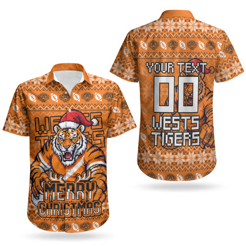 Personalized Wests Tigers Christmas Couples Matching Puletasi and Hawaiian Shirt Australian Rugby Fans - Pixelated Ugly Xmas Pattern Mascot Santa