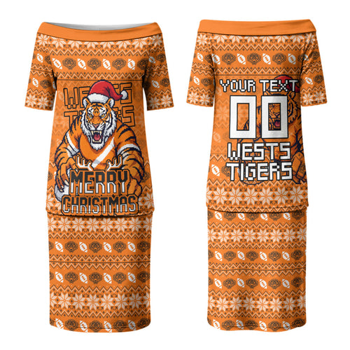 Personalized Wests Tigers Christmas Couples Matching Puletasi and Hawaiian Shirt Australian Rugby Fans - Pixelated Ugly Xmas Pattern Mascot Santa