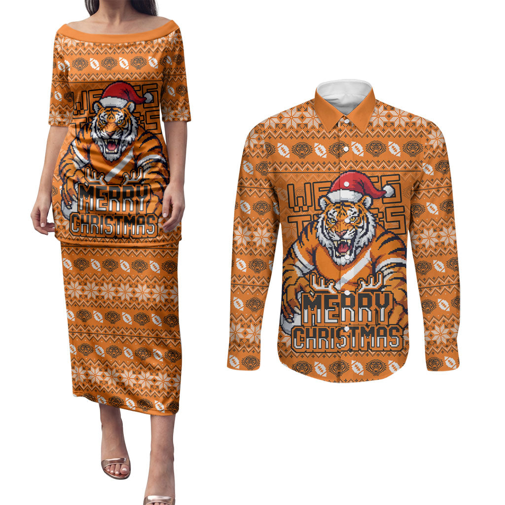 Personalized Wests Tigers Christmas Couples Matching Puletasi and Long Sleeve Button Shirt Australian Rugby Fans - Pixelated Ugly Xmas Pattern Mascot Santa