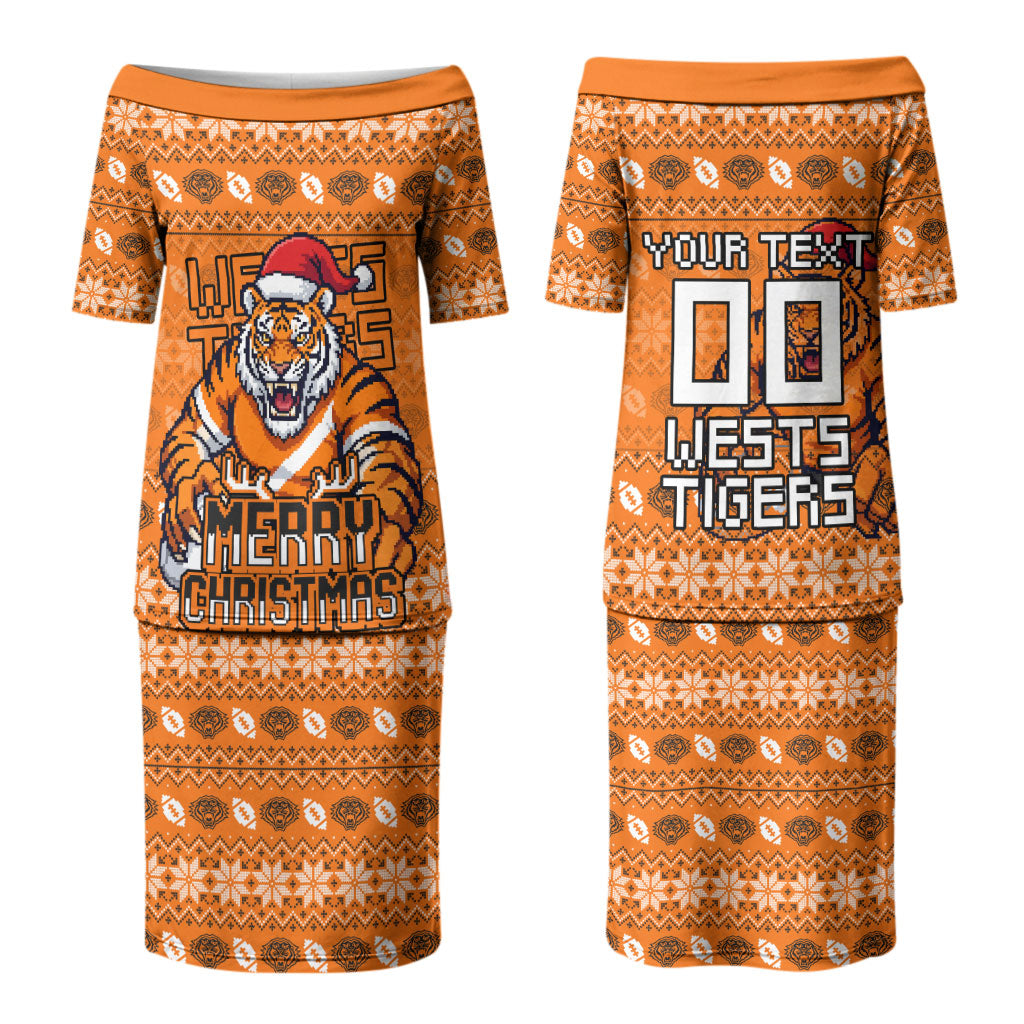 Personalized Wests Tigers Christmas Couples Matching Puletasi and Long Sleeve Button Shirt Australian Rugby Fans - Pixelated Ugly Xmas Pattern Mascot Santa