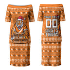 Personalized Wests Tigers Christmas Couples Matching Puletasi and Long Sleeve Button Shirt Australian Rugby Fans - Pixelated Ugly Xmas Pattern Mascot Santa