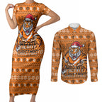 Personalized Wests Tigers Christmas Couples Matching Short Sleeve Bodycon Dress and Long Sleeve Button Shirt Australian Rugby Fans - Pixelated Ugly Xmas Pattern Mascot Santa