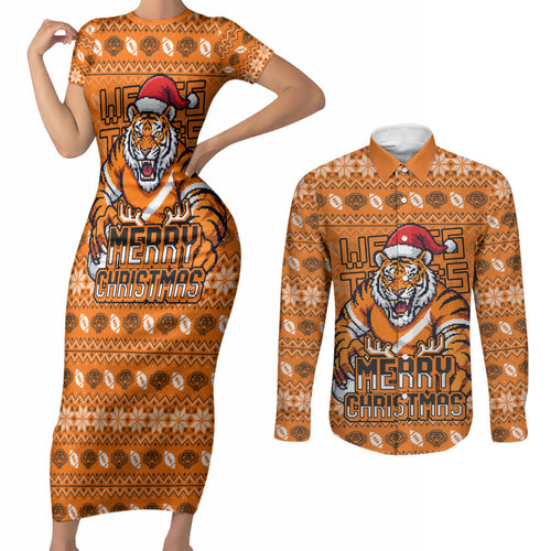 Personalized Wests Tigers Christmas Couples Matching Short Sleeve Bodycon Dress and Long Sleeve Button Shirt Australian Rugby Fans - Pixelated Ugly Xmas Pattern Mascot Santa