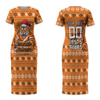 Personalized Wests Tigers Christmas Couples Matching Short Sleeve Bodycon Dress and Long Sleeve Button Shirt Australian Rugby Fans - Pixelated Ugly Xmas Pattern Mascot Santa