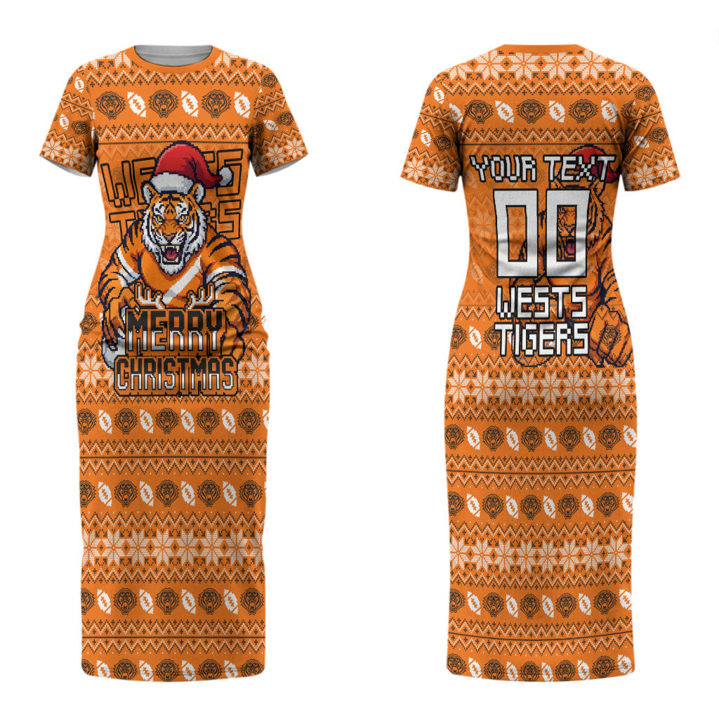 Personalized Wests Tigers Christmas Couples Matching Short Sleeve Bodycon Dress and Long Sleeve Button Shirt Australian Rugby Fans - Pixelated Ugly Xmas Pattern Mascot Santa