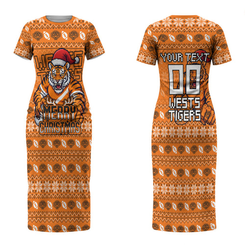 Personalized Wests Tigers Christmas Couples Matching Short Sleeve Bodycon Dress and Long Sleeve Button Shirt Australian Rugby Fans - Pixelated Ugly Xmas Pattern Mascot Santa