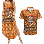 Personalized Wests Tigers Christmas Couples Matching Summer Maxi Dress and Hawaiian Shirt Australian Rugby Fans - Pixelated Ugly Xmas Pattern Mascot Santa