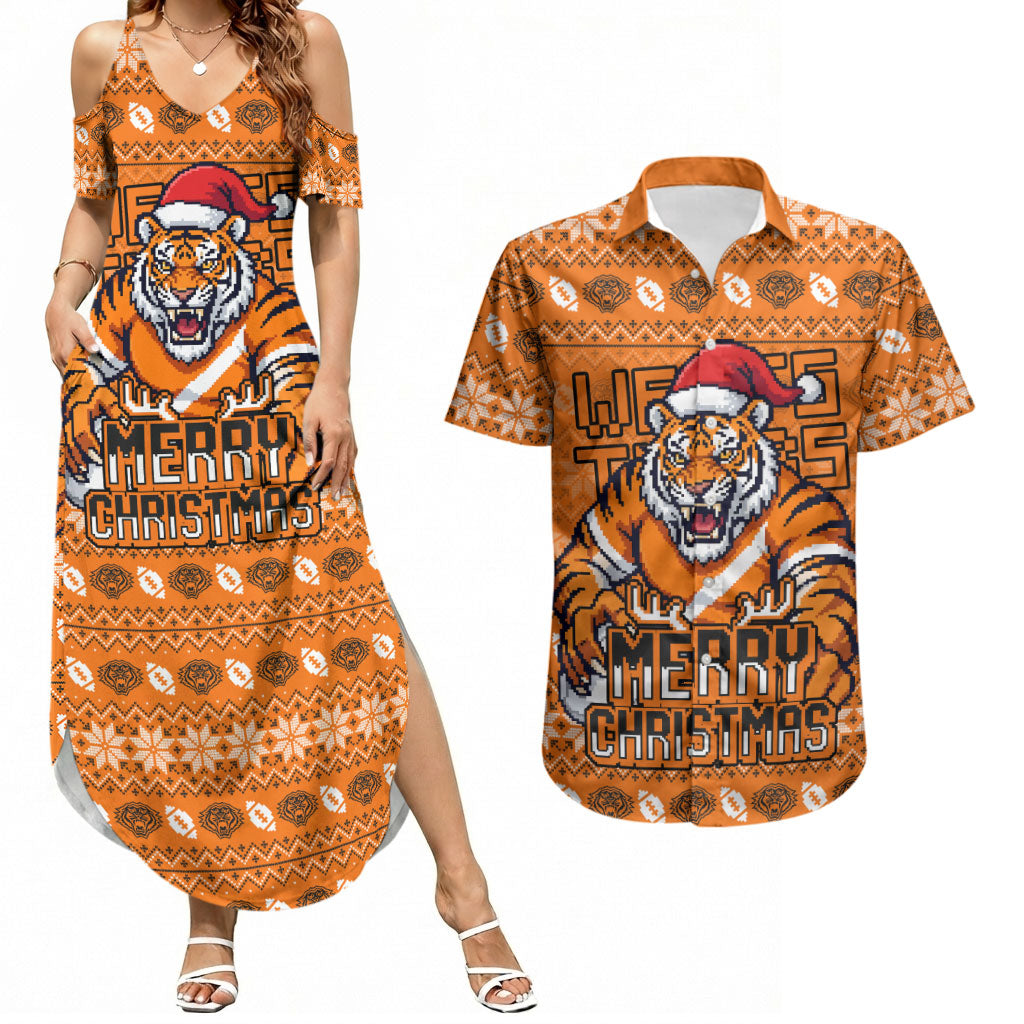 Personalized Wests Tigers Christmas Couples Matching Summer Maxi Dress and Hawaiian Shirt Australian Rugby Fans - Pixelated Ugly Xmas Pattern Mascot Santa