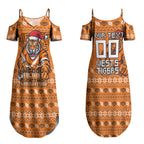 Personalized Wests Tigers Christmas Couples Matching Summer Maxi Dress and Hawaiian Shirt Australian Rugby Fans - Pixelated Ugly Xmas Pattern Mascot Santa