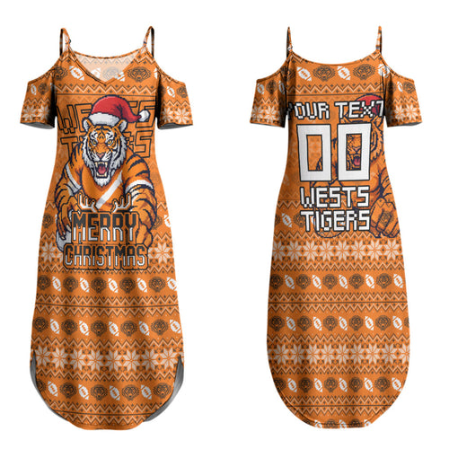 Personalized Wests Tigers Christmas Couples Matching Summer Maxi Dress and Hawaiian Shirt Australian Rugby Fans - Pixelated Ugly Xmas Pattern Mascot Santa