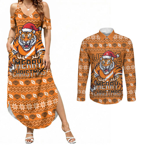 Personalized Wests Tigers Christmas Couples Matching Summer Maxi Dress and Long Sleeve Button Shirt Australian Rugby Fans - Pixelated Ugly Xmas Pattern Mascot Santa