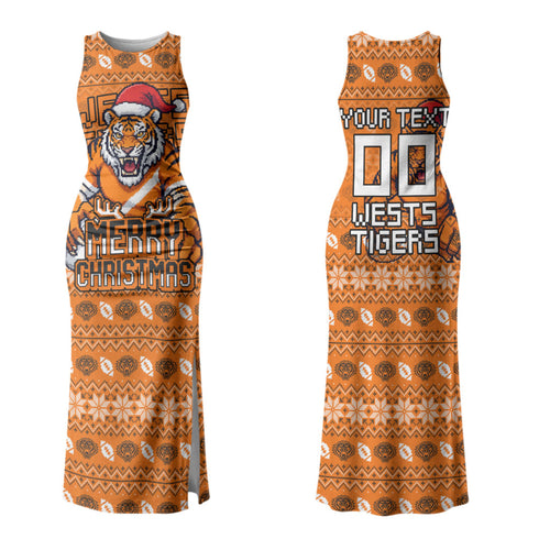 Personalized Wests Tigers Christmas Couples Matching Tank Maxi Dress and Long Sleeve Button Shirt Australian Rugby Fans - Pixelated Ugly Xmas Pattern Mascot Santa