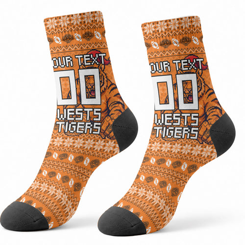 Personalized Wests Tigers Christmas Crew Socks Australian Rugby Fans - Pixelated Ugly Xmas Pattern Mascot Santa