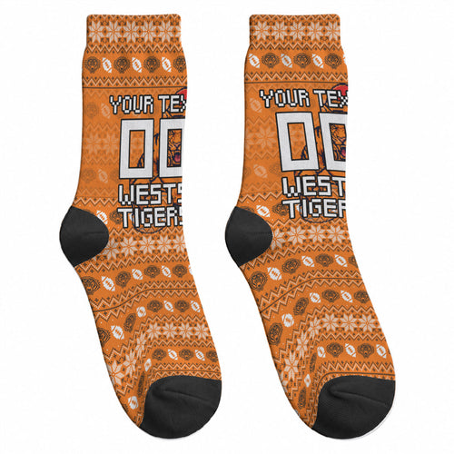 Personalized Wests Tigers Christmas Crew Socks Australian Rugby Fans - Pixelated Ugly Xmas Pattern Mascot Santa