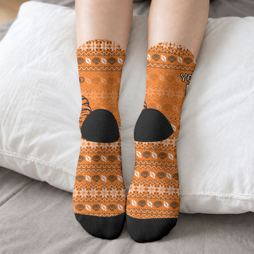 Personalized Wests Tigers Christmas Crew Socks Australian Rugby Fans - Pixelated Ugly Xmas Pattern Mascot Santa