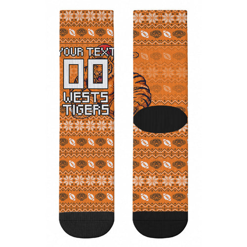 Personalized Wests Tigers Christmas Crew Socks Australian Rugby Fans - Pixelated Ugly Xmas Pattern Mascot Santa