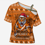 Personalized Wests Tigers Christmas Cross Shoulder Shirt Australian Rugby Fans - Pixelated Ugly Xmas Pattern Mascot Santa