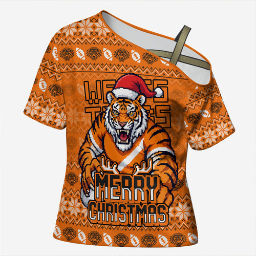 Personalized Wests Tigers Christmas Cross Shoulder Shirt Australian Rugby Fans - Pixelated Ugly Xmas Pattern Mascot Santa