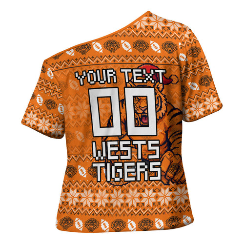 Personalized Wests Tigers Christmas Cross Shoulder Shirt Australian Rugby Fans - Pixelated Ugly Xmas Pattern Mascot Santa