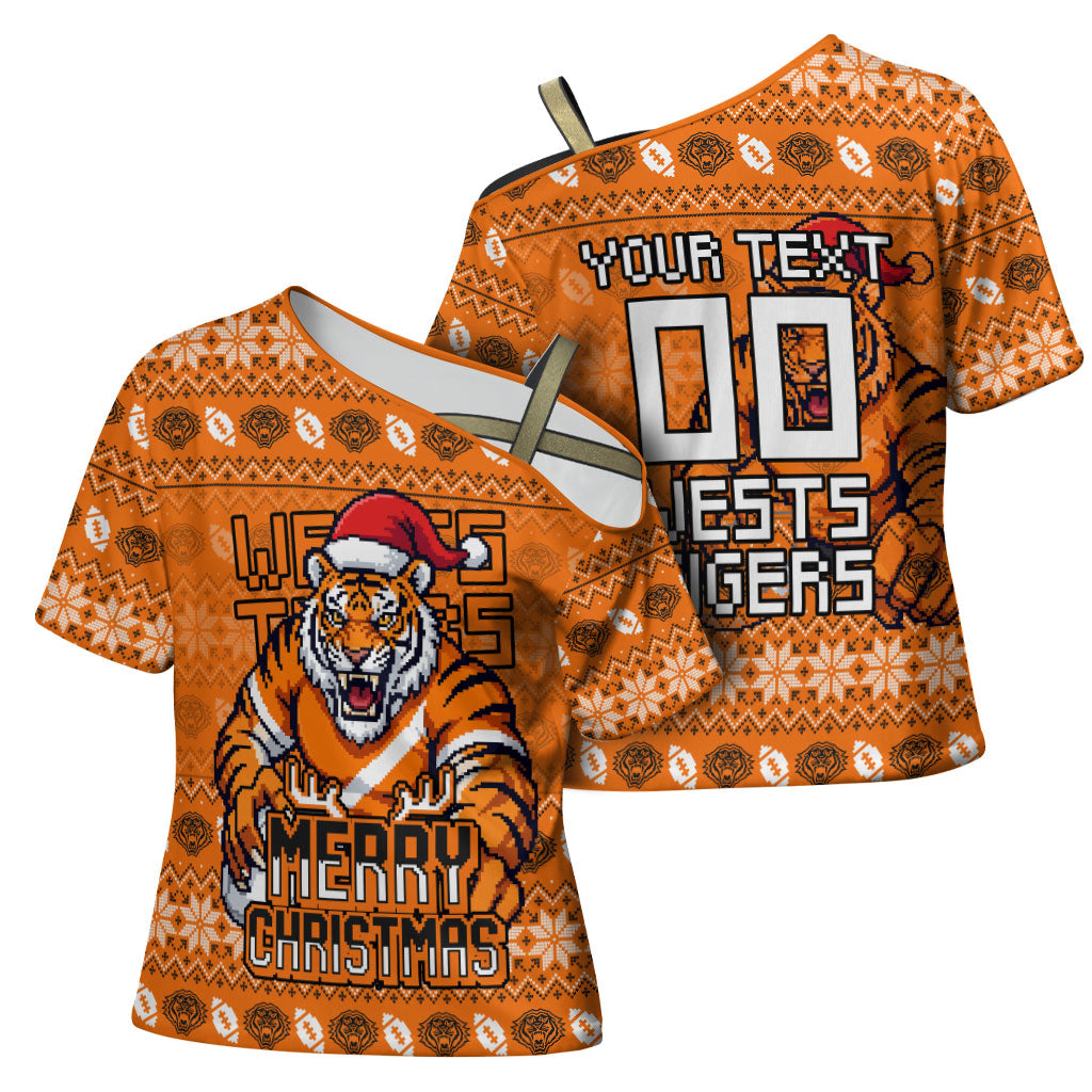 Personalized Wests Tigers Christmas Cross Shoulder Shirt Australian Rugby Fans - Pixelated Ugly Xmas Pattern Mascot Santa