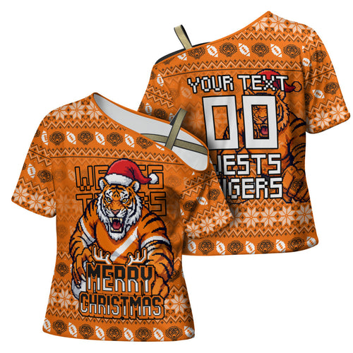 Personalized Wests Tigers Christmas Cross Shoulder Shirt Australian Rugby Fans - Pixelated Ugly Xmas Pattern Mascot Santa