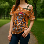Personalized Wests Tigers Christmas Cross Shoulder Shirt Australian Rugby Fans - Pixelated Ugly Xmas Pattern Mascot Santa
