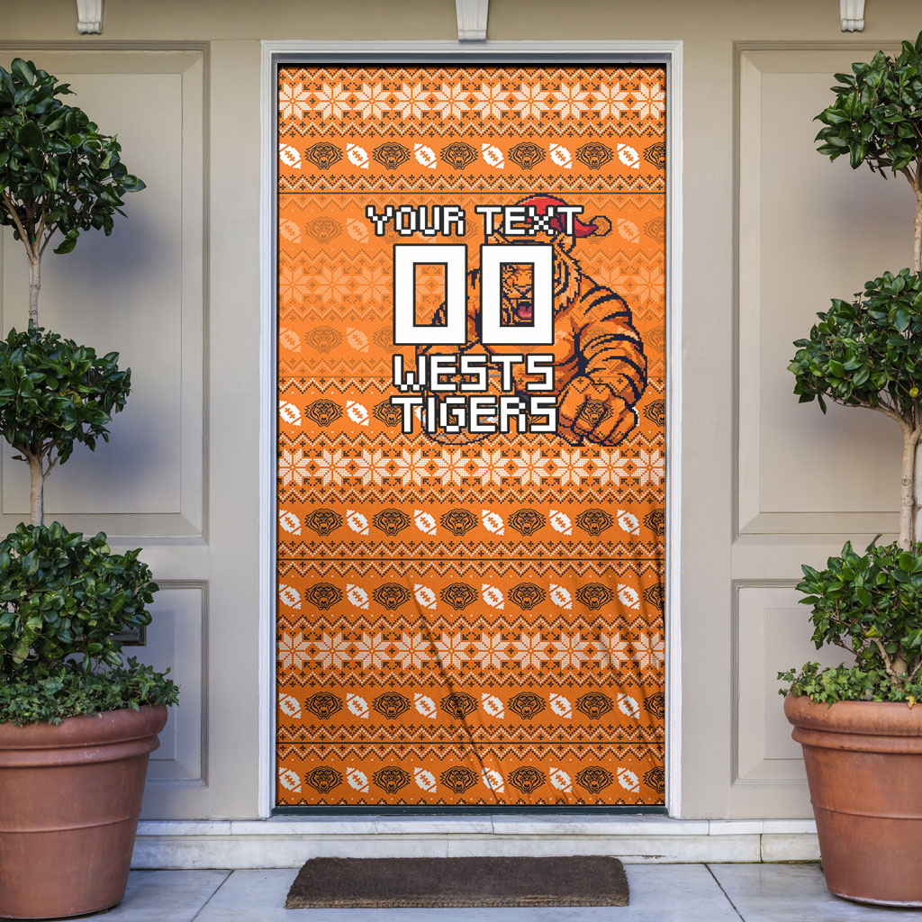 Personalized Wests Tigers Christmas Door Cover Australian Rugby Fans - Pixelated Ugly Xmas Pattern Mascot Santa