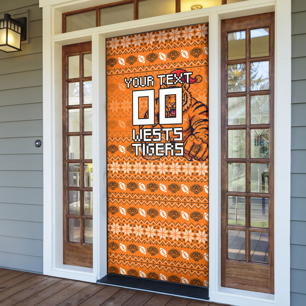 Personalized Wests Tigers Christmas Door Cover Australian Rugby Fans - Pixelated Ugly Xmas Pattern Mascot Santa