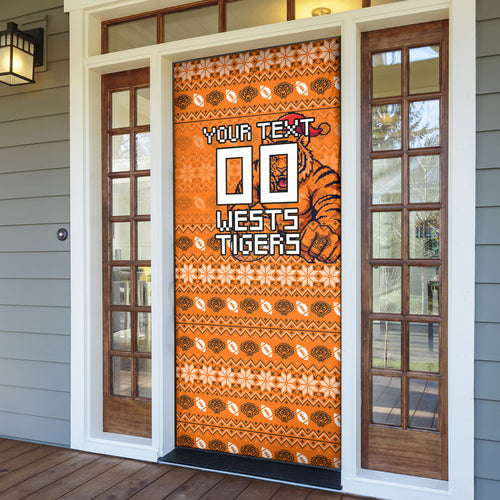 Personalized Wests Tigers Christmas Door Cover Australian Rugby Fans - Pixelated Ugly Xmas Pattern Mascot Santa