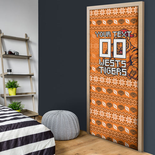 Personalized Wests Tigers Christmas Door Cover Australian Rugby Fans - Pixelated Ugly Xmas Pattern Mascot Santa