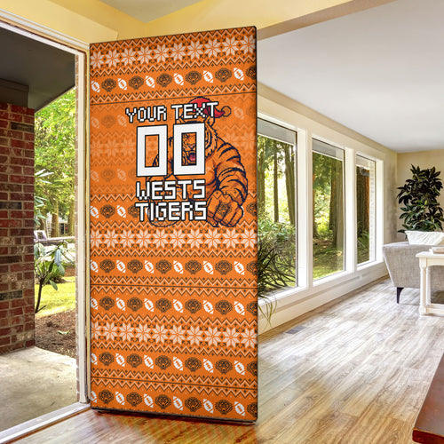Personalized Wests Tigers Christmas Door Cover Australian Rugby Fans - Pixelated Ugly Xmas Pattern Mascot Santa