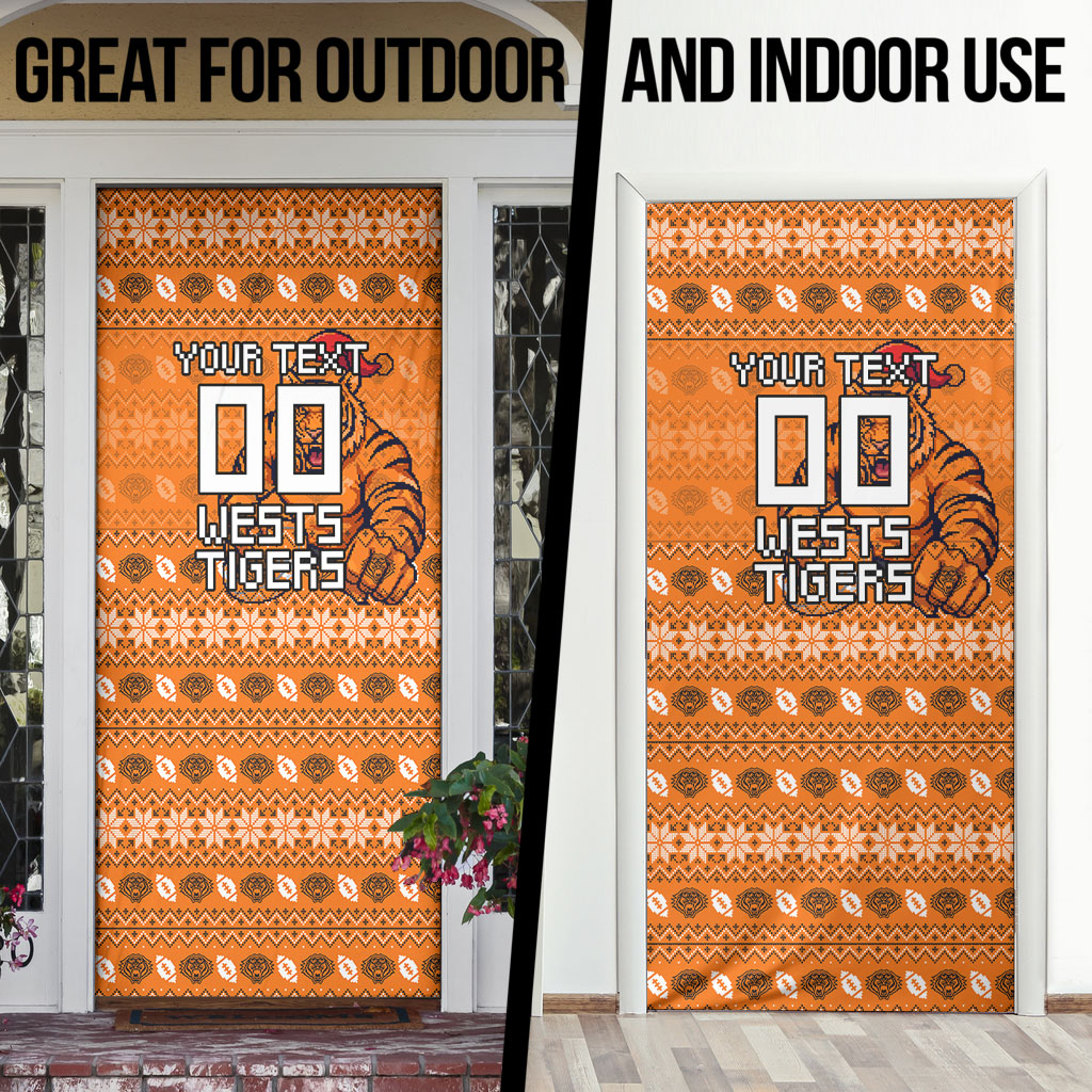 Personalized Wests Tigers Christmas Door Cover Australian Rugby Fans - Pixelated Ugly Xmas Pattern Mascot Santa