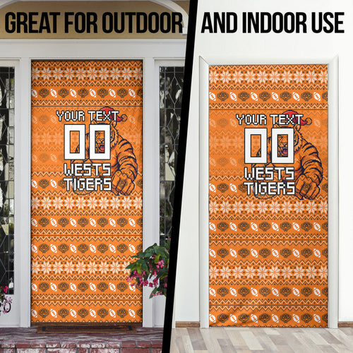 Personalized Wests Tigers Christmas Door Cover Australian Rugby Fans - Pixelated Ugly Xmas Pattern Mascot Santa