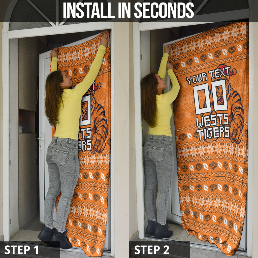 Personalized Wests Tigers Christmas Door Cover Australian Rugby Fans - Pixelated Ugly Xmas Pattern Mascot Santa