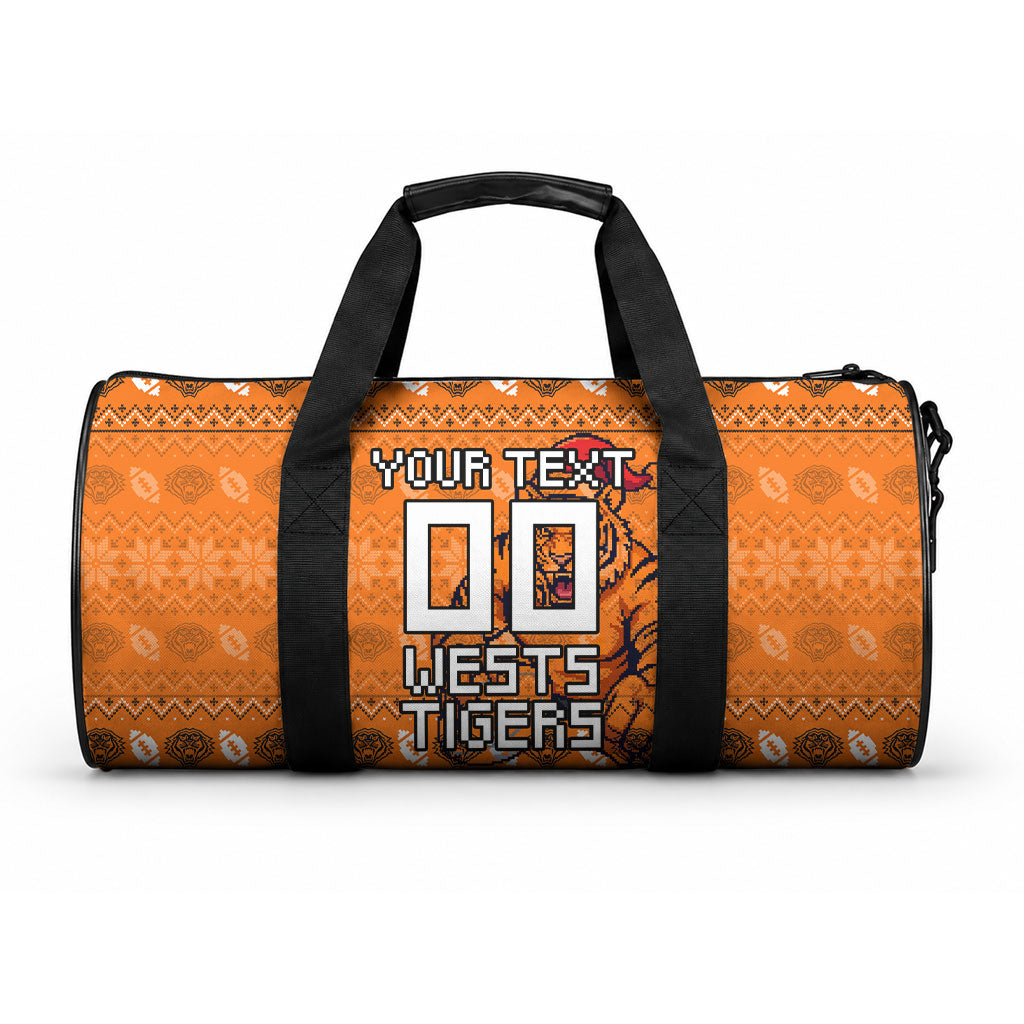 Personalized Wests Tigers Christmas Duffle Bag Australian Rugby Fans - Pixelated Ugly Xmas Pattern Mascot Santa