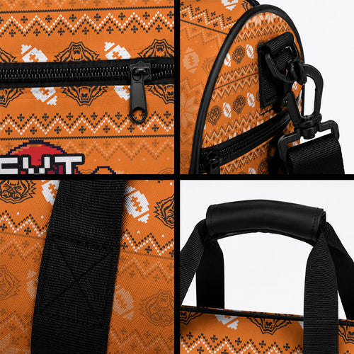 Personalized Wests Tigers Christmas Duffle Bag Australian Rugby Fans - Pixelated Ugly Xmas Pattern Mascot Santa