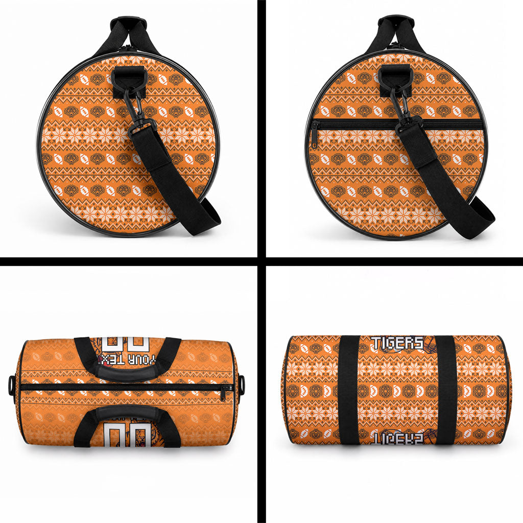 Personalized Wests Tigers Christmas Duffle Bag Australian Rugby Fans - Pixelated Ugly Xmas Pattern Mascot Santa