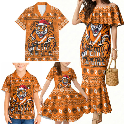 Personalized Wests Tigers Christmas Family Matching Mermaid Dress and Hawaiian Shirt Australian Rugby Fans - Pixelated Ugly Xmas Pattern Mascot Santa