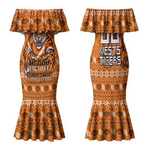 Personalized Wests Tigers Christmas Family Matching Mermaid Dress and Hawaiian Shirt Australian Rugby Fans - Pixelated Ugly Xmas Pattern Mascot Santa
