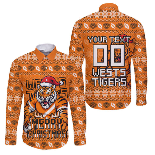 Personalized Wests Tigers Christmas Family Matching Mermaid Dress and Hawaiian Shirt Australian Rugby Fans - Pixelated Ugly Xmas Pattern Mascot Santa